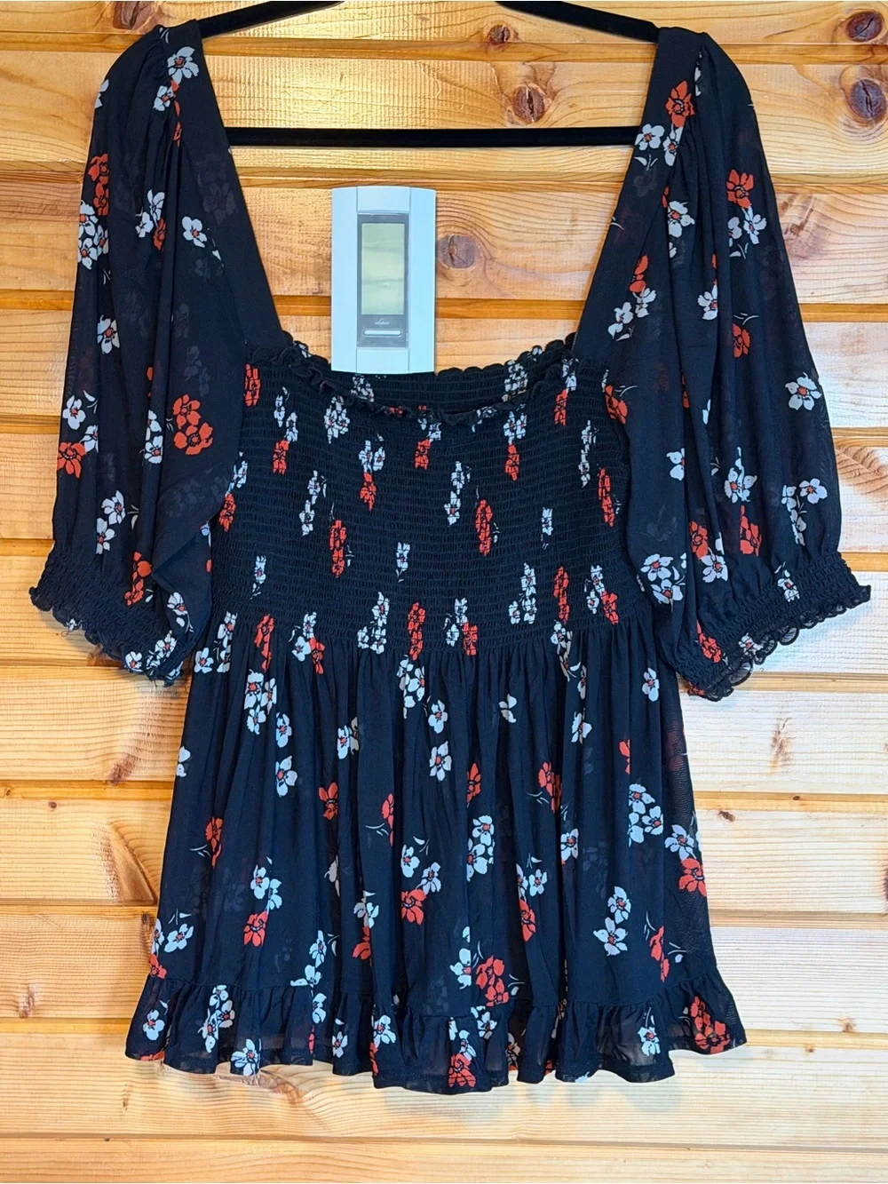 Free People Black Smocked Bodice Floral Peasant Top with Red & White Accents XL